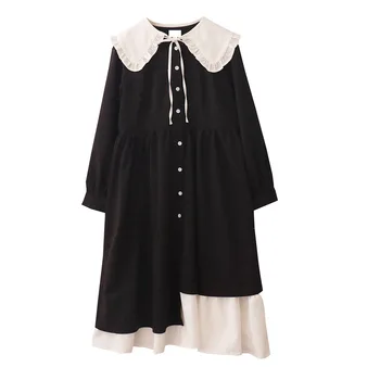Harajuku Lolita Vintage Siyah Elbiseler Kadınlar 2021 Gotik Rahat Fırfır Lace Up Yaka Uzun Kollu Parti Sevimli Bandaj Elbise Gömlek