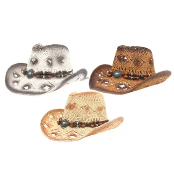 Hasır kovboy şapkası Batı Çift Şapka Güneş Koruyucu Şapka güneş şapkası Shapeable Vintage Cowgirl Şapka Seyahat Binicilik Rodeo Plaj