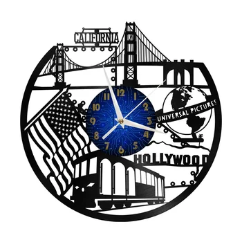 Hollywood California Cityscape Vinil Duvar Saati, Vinil Kayıt Saati Duvar Sanatı Sessiz ve Sigara geçiyor
