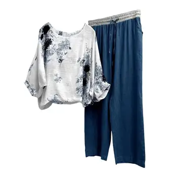 Iki Parçalı Setleri Bayan Outifits Yaz Yuvarlak Boyun Uzun Kollu Klasik Zarif İki Parçalı Geniş Bacak Pantolon Rahat Kıyafet Streetwear