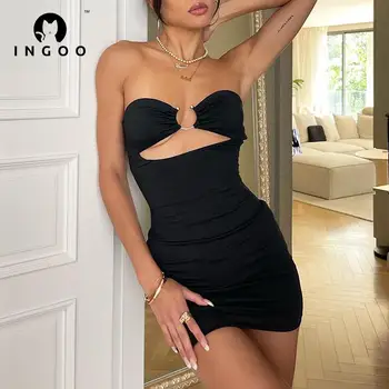 INGOO Seksi Straplez Backless Bodycon Elbise Kadınlar Kolsuz Hollow Out Mini Elbise Zarif Kapalı Omuz Parti Kulübü Kıyafetleri 2021