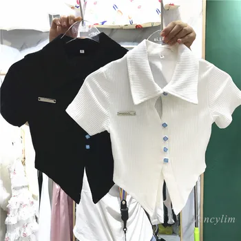 Içi boş Düzensiz kısa kollu tişört Kadın 2021 Yaz Yeni Tasarım Saf Renk Zayıflama Örme T Shirt Kırpma Üst Beyaz Siyah