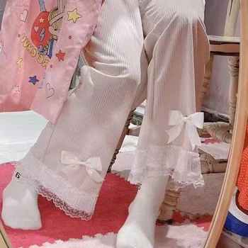Japon Lolita kadın Kawaii Yüksek Bel Kadife Rahat pantolon Tatlı Yay Dantel Geniş Bacak Pantolon Girly Giyim Gevşek Sevimli Pantolon