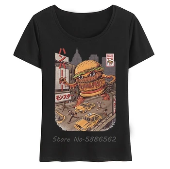 Japonya Anime JOLLYPEACH Marka Burgerzilla Komik T Gömlek Kadın Yeni Beyaz Rahat Serin Burger Kaiju Tshirt tees