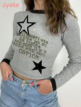 Jyate Grafik Baskı Grunge Kırpma Üst Kadınlar Y2k Streetwear Yuvarlak Boyun Uzun Kollu T-shirt Sonbahar Harajuku Rahat Nervürlü T Shirt