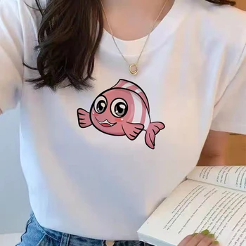 Kadın Balık baskı Yaz yeni Komik Karikatür hoş t-shirt baskılı şık Harajuku Rahat retro üst kadın moda Rahat Tişörtleri