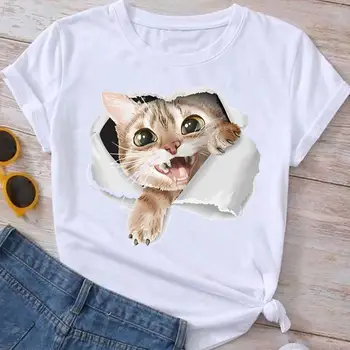 Kadın Baskı Kedi Güzel Pet Hayvan Sevimli T Shirt Moda Yaz Kadın Rahat Üst Kısa Kollu Tişörtleri Karikatür grafikli tişört T-Shirt