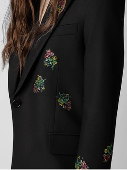 Kadın Blazer 2022 Sonbahar Kış Yeni Zadi Siyah Tek Düğme Çiçek Rhinestones Uzun kollu Ceket