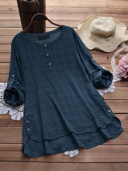 Kadın Bluz 2022 Bahar Ekose Ekose Desenli Giysiler Uzun Kollu Gömlek Casual Pamuk Tunik Üstleri Blusas Chemise Femme En