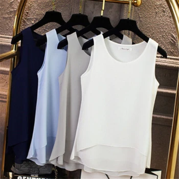 Kadın Bluz Casual Gömlek 2022 Yeni Yaz Büyük Boy Orta uzunlukta Kolsuz Şifon Gömlek Yelek Üstleri kadın Dip Gömlek