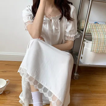 Kadın Kawaii Laciness Yaka Ev Elbise Prenses Dantel Gecelik Rahat Sleepshirt Yumuşak Kısa Kollu Kıyafeti Lolita Iç Çamaşırı