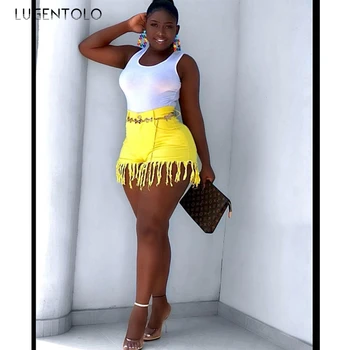 Kadın Kot Şort Kot Moda Yaz Sarı Püskül Yüksek Bel Rahat Mikro esneklik Düz Sokak Şort