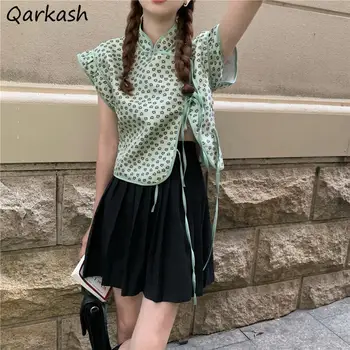 Kadın Setleri Standı Yaka Dantel Up Gömlek Mini Pilili Etekler Çiçek Baskı Çin Tarzı Yeşil Siyah Zarif Kawaii Rahat Şık Yeni