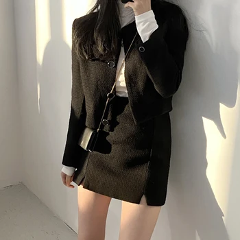 Kadın Tüvit Vintage Zarif Siyah Etek Uygun Bahar Sonbahar O Boyun Uzun Kollu Kısa Ceket Outwear + İki Parça Mini Etek 