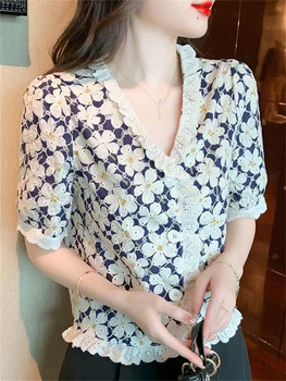 Kadın yaz tarzı bluz gömlek Bayan rahat kısa kollu V Yaka çiçek Baskılı Blusas Tops SP1658