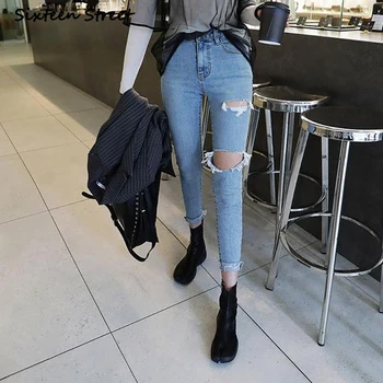 Kadın Yüksek Bel Kot Şık Kore Tarzı Sonbahar Delik Jean İnce Femme Kalem Ayak Bileği Uzunluğu Y2K Pantolon Estetik Vintage Elbise
