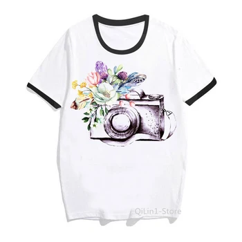 Kadın Zil Tee Beyaz Üst Kadın Sevimli Kamera Çiçekler Baskı Vintage T Shirt Femme 00s Tumblr Giysileri Kızlar Streetwear