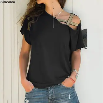 Kadın Çarpık Boyun Criss Çapraz düzensiz tişört Düz Renk Kısa Kollu Yaz T Shirt Rahat Rahat Gevşek Üstleri Pamuk Tees 5XL