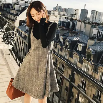 Kadınlar 2021 Sonbahar Kış Yeni Moda Seti Kadın Uzun Kollu Örme Kazak + Ekose Yelek Elbise İki Parçalı Rahat İnce Takım Elbise I101