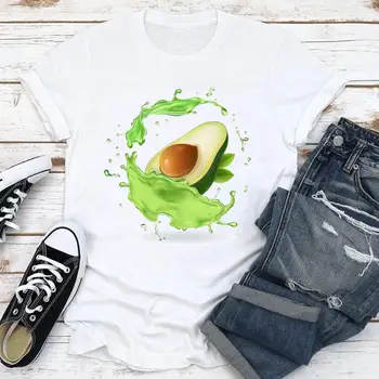 Kadınlar Güzel Yaz Avokado Meyve Baskı 2021 Moda Kısa Kollu Baskı Karikatür Tshirt Güzel Tee Üst Grafik T-shirt