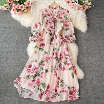 Kadınlar Tatlı Çiçek Elbise İlkbahar Yaz Fransız Bandaj Yay Şifon Elbise Bayanlar Zarif İnce Bir Çizgi Vintage Elbise Vestidos