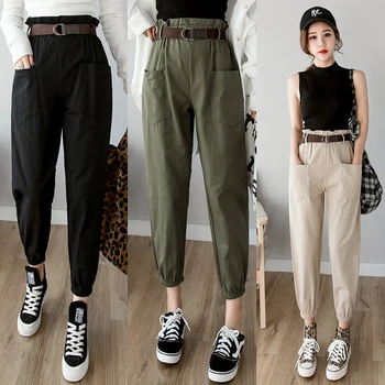 Kargo Kadınlar 2020 Yaz Ayak Bileği uzunlukta Vintage Tomurcuk Pantolon Pantalon Femme Geniş Bacak Elastik Yüksek Bel Düz Kadın Pantolon