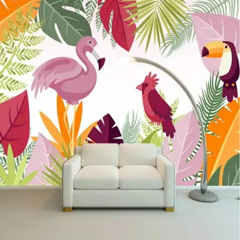 Karikatür Tropikal flamingo arka plan duvar kağıdı 3d çocuk odası için ev geliştirme duvar kağıdı Boyama duvar ipek kağıt 3d