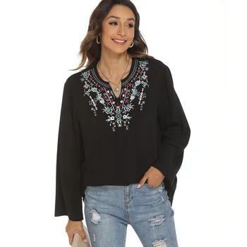 KHALEE YOSE Çiçek Chic Nakış Bluz Gömlek Siyah Vintage Meksika Boho Bluz V Yaka Seksi Kadın 2xl 3XL Etnik Bluz Tops
