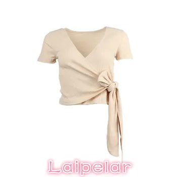 Kore moda kısa kollu v boyun t-shirt Yaz papyon wrap t shirt kadın kırpma üst Rahat pamuklu bayan üstleri streetwear