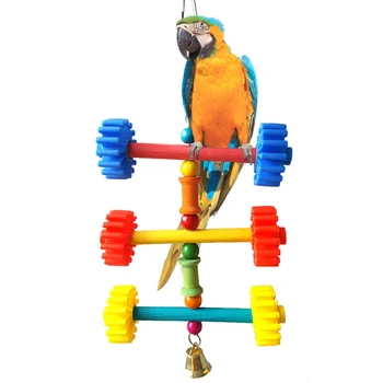 Kuş Kafesi Papağan çiğneme oyuncağı İnteraktif Ahşap papağan oyuncakları Tırmanma Oyuncak Papağan Isırığı Oyuncak Çan Oyuncaklar Papağanlar için Rastgele Renk