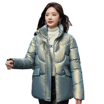 Kış Parkas Kısa Parlak Aşağı pamuklu ceket Kadınlar 2022 Yeni Kalın sıcak tutan kaban Kadın Gevşek Ekmek Giysileri Rahat Giyim G2210