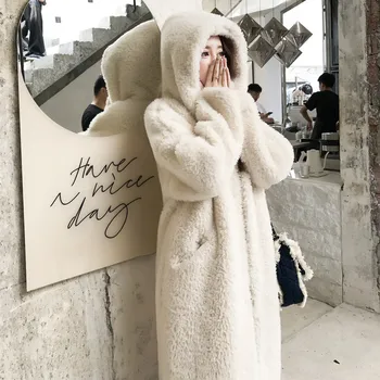 Kış Vintage Granül Koyun Kürk Ceket Kadın Moda Uzun Kollu Kapşonlu Sıcak Rüzgar Geçirmez Uzun Ceket Kadın Gevşek Palto H2647
