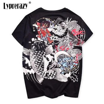 Lyprerazy Japon Harajuku Ukiyoe Vintage işlemeli tişört erkek Sazan Balık Ejderha Nakış Çin Tarzı Baskı T Shirt