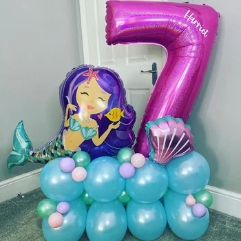 Mermaid Balon Buket Mavi Denizkızı Doğum Günü Partisi Balon Yığını Kişiselleştirilmiş Adı Etiket Numarası 1-9 Folyo Globo