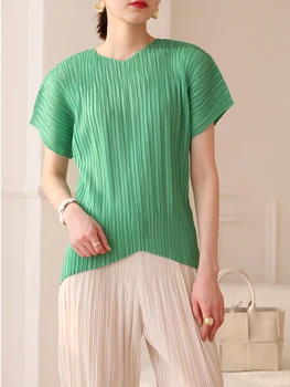 Miyake issey Miyake Pilili kadın Rahat Temel Üstleri V Yaka Kısa Kollu Kore Tasarımcı Yüksek T-shirt Femme Giyim