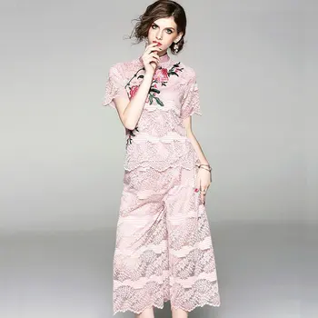 Moda Kadın Dantel 2 Parça Setleri 2018 Yaz Çin Vintage Çiçek Işlemeli Cheongsam Üstleri ve Geniş Bacak Dantel pantolon Takım Elbise
