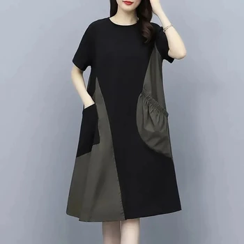 Moda Kontrast Renk Dikiş Kadın Elbise Sundress 2022 Yaz Yeni Orta Uzunlukta Gevşek Casual Bayan Elbise Elbiseler Cep İle