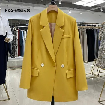 Moda Ofis Bayan Takım Elbise Ceketler 2022 Yeni Kore Bahar Sonbahar Düz Sokak Sarı Blazer Mont Kadın Giyim İçin D650