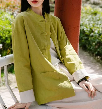 Pamuk Keten Gömlek Kadın Çin Tarzı Retro Etnik Geleneksel Gömlek Üst Kızlar Rami Taichi Üniforma Standı Yaka Düğmesi Üst