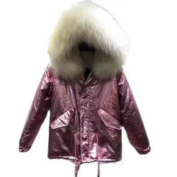 Parlak Mor Kız Parka Beyaz Kürk Astarlı Yapay Kürk sıcak tutan kaban Bayanlar İçin Bling Kısa Sıcak Ceket