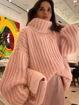 Pembe Kazak 2022 Kış kadın Balıkçı Yaka Gevşek Örgü Kazak Kadın Casual Triko Streetwear Noel Uzun Kazak Y2K