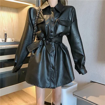 PU deri ceketler Gotik Moda Büyük Boy Pu Ceket 2022 Yeni Zarif Bluzlar Ceket Kadın Punk Uzun Kollu Üstleri Kemer ile Kadın