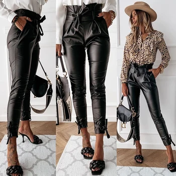 PU deri pantolon Kadın Siyah Yüksek Bel Lace Up Streetwear Pantolon Ofis Bayan Zarif 2021 Sonbahar Kış Pu Pantolon