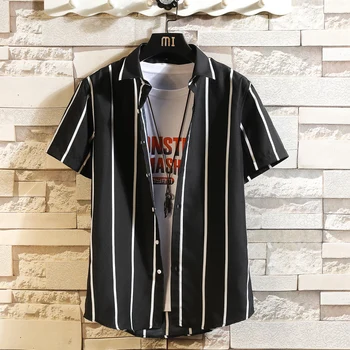 Rahat Erkek Çizgili Kısa Kollu Gömlek Yaka Butonuna Bluz Üstleri Erkek Streetwear Gevşek Polos Tees Gençlik Giyim Moda Yaz 