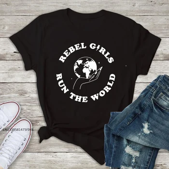 Rebel Kızlar Run Dünya T-Shirt Moda Kız Güç grafikli tişört Üst Rahat Kadın Feminist Tshirt Camiseta Premium Kumaş