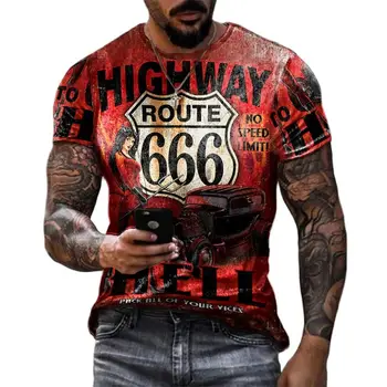 Retro Amerika Rota 66 3D Baskılı erkek T-Shirt Vintage Gevşek Giyim Yaz O-Boyun Kısa Kollu Unisex Artı Boyutu Üstleri 100 6XL