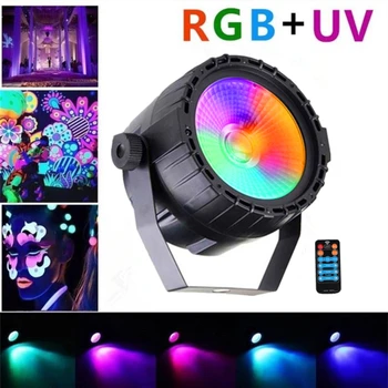 RGB + UV COB LED Par ışık, kablosuz uzaktan ses aktif DJ ışıkları DMX512 kontrollü sahne yıkama ışığı dans düğün kulübü için