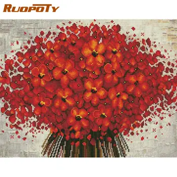 RUOPOTY 40X50 cm 5D Elmas Boyama Tam Kare / Yuvarlak Yeni Varış kırmızı çiçekler Elmas Nakış Çapraz Dikiş Çiçek Ev Aralık