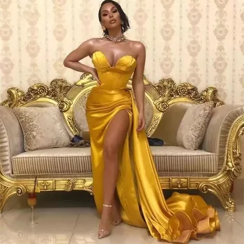 Seksi Altın Denizkızı balo kıyafetleri Dantelli Saten Sevgiliye Uzun Akşam Partisi Törenlerinde Yüksek Bölünmüş Dubai Robe De Mariée Custom Made
