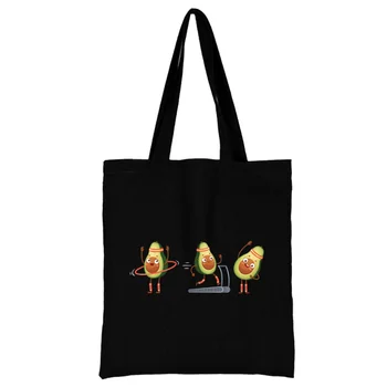 Sevimli avokado karikatür desen serisi Çevre Dostu kadın alışveriş çantası Güzel moda siyah baskı tote çanta Tuval omuzdan askili çanta